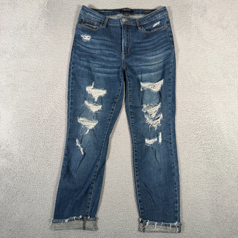 Judy Blue Jeans Womens 7/28 (28x27) Boyfriend Fit Denim Distressed Cuffed Mid